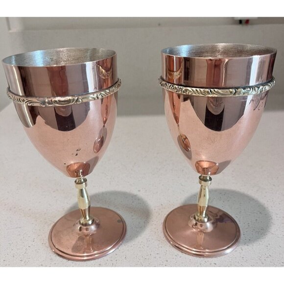 Set of 2 Orfe Mexican? Copper over Silver Wine Goblets Brass Stems Mixed Metals - Picture 2 of 14